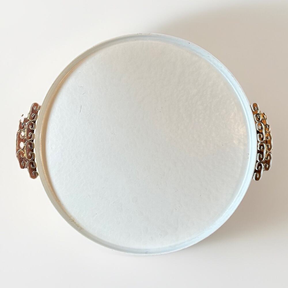 VTG Kyes White Enameled Tray 15" Moire' Glaze MCM Midcentury Handles California